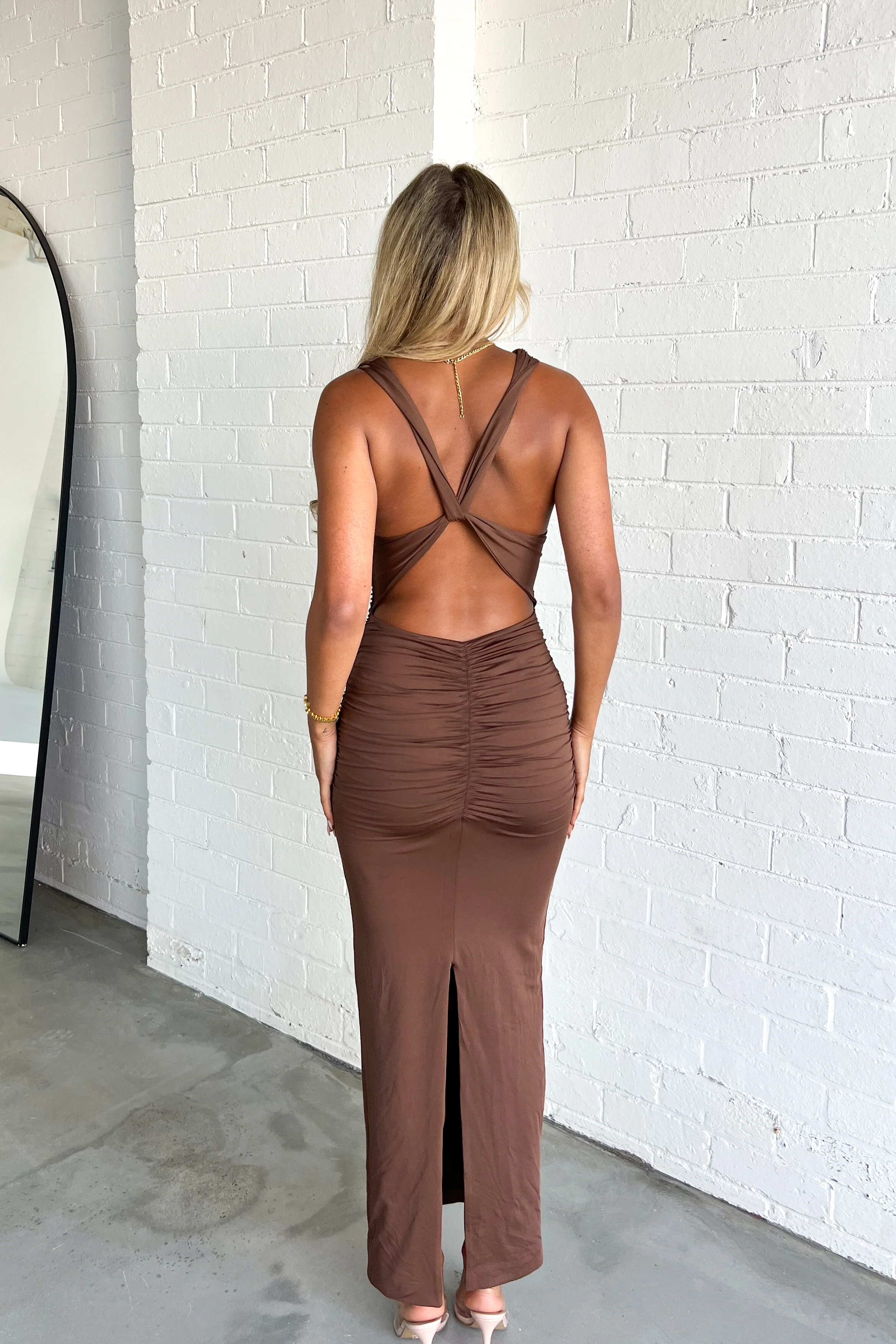 Elegant Ruched Brown Maxi Dress