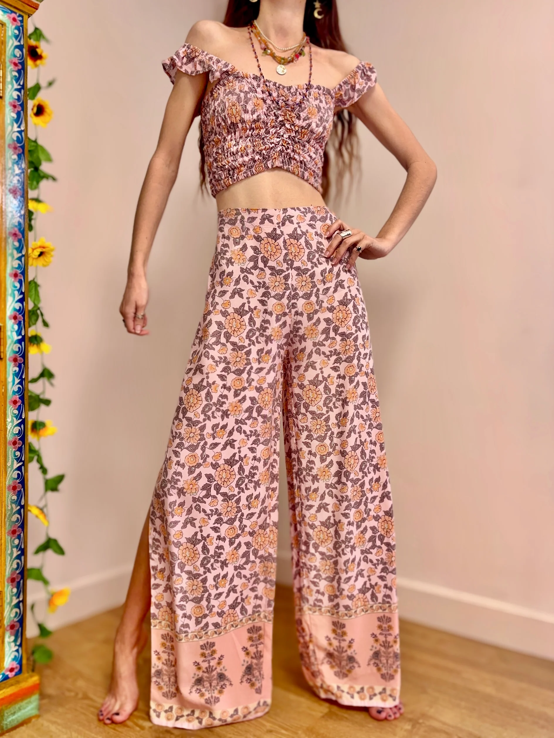 Floral Off-Shoulder Top And Wide-Leg Pants Set
